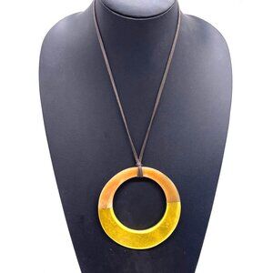 Yellow Circle Round Horn Pendant Brown Cord Necklace Adjustable